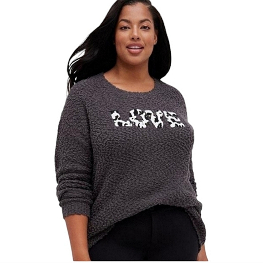 Torrid Gray Boucle Knit "LOVE" Cow Print Graphic Sweater Crewneck Plus Size NWT